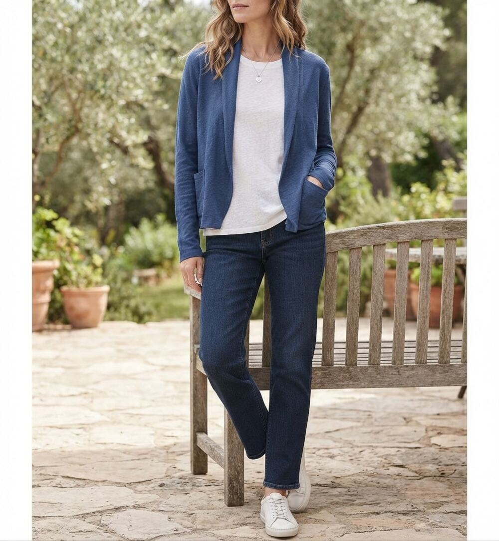 Cut Loose Blue Cotton Linen Open Front Cropped Pocket Cardigan Jacket Sz S/M